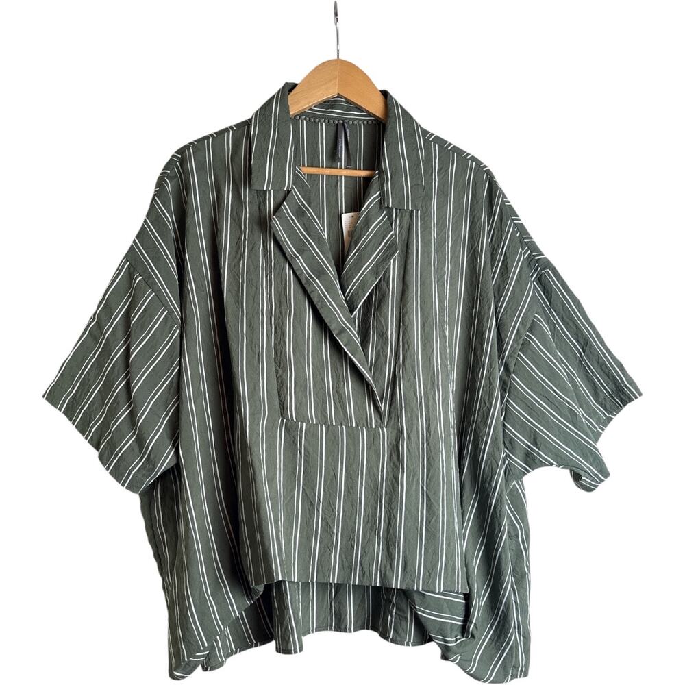 Anthropologie Dylan Green White Stripe Short Sleeve Popover Blouse Large NWT - Picture 2 of 9